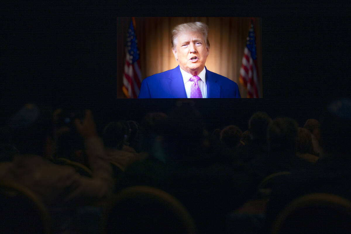 Former President Donald Trump appears on screen during the Republican Jewish Coalition’s annu ...