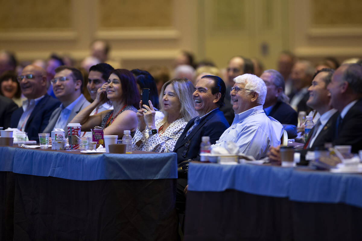 Audience members laugh as House Minority Leader Kevin McCarthyճ gives a speech during the Repu ...