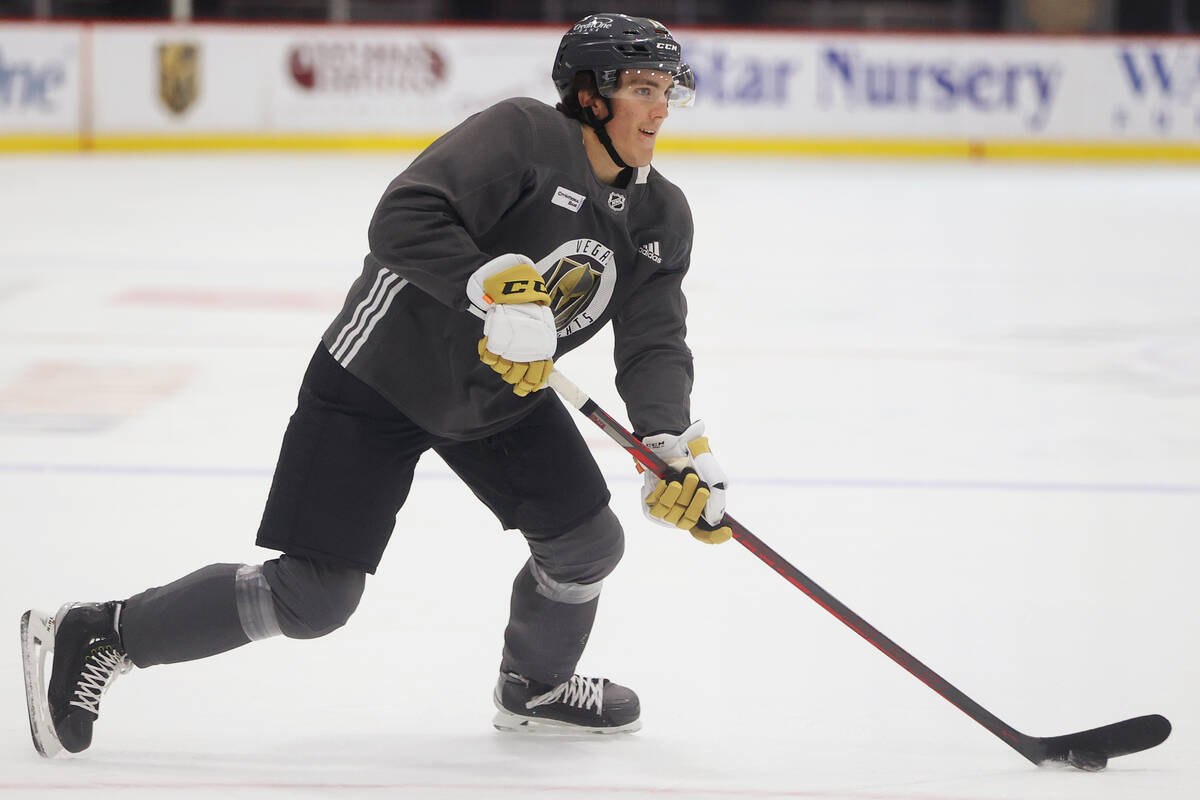 Vegas Golden Knights left wing Peyton Krebs (18) during a team practice at City National Arena ...