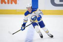 Buffalo Sabres center Jack Eichel (9) warms up before an NHL hockey game against the Washington ...