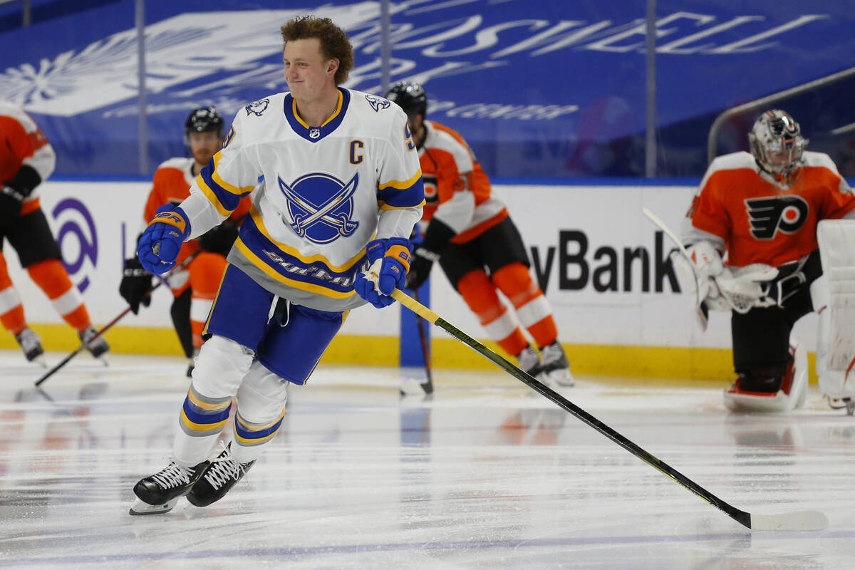 Buffalo Sabres forward Jack Eichel (9) skates during warmups prior to the first period of an NH ...