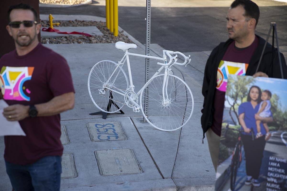 A ghost bike is displayed during a Southern Nevada Bicycle Coalition's Get There Together campa ...