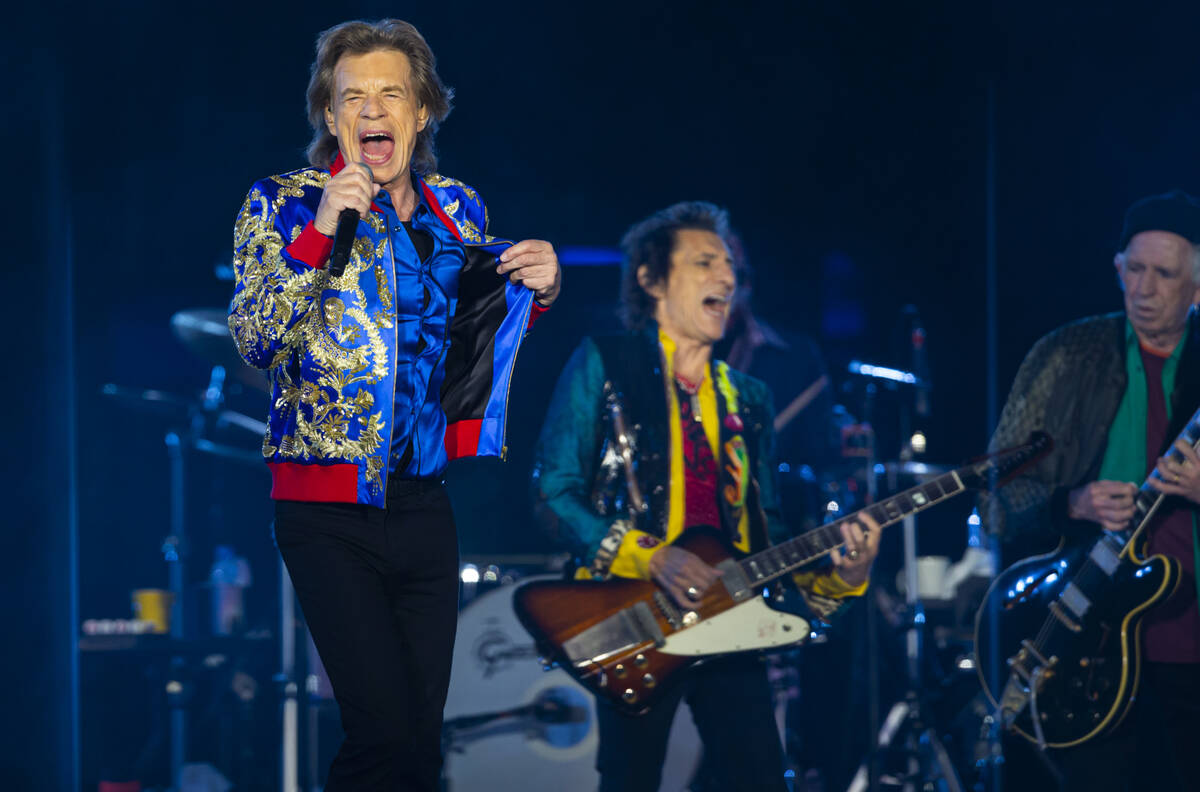 Mick Jagger of The Rolling Stones performs at Allegiant Stadium in Las Vegas on Saturday, Nov. ...