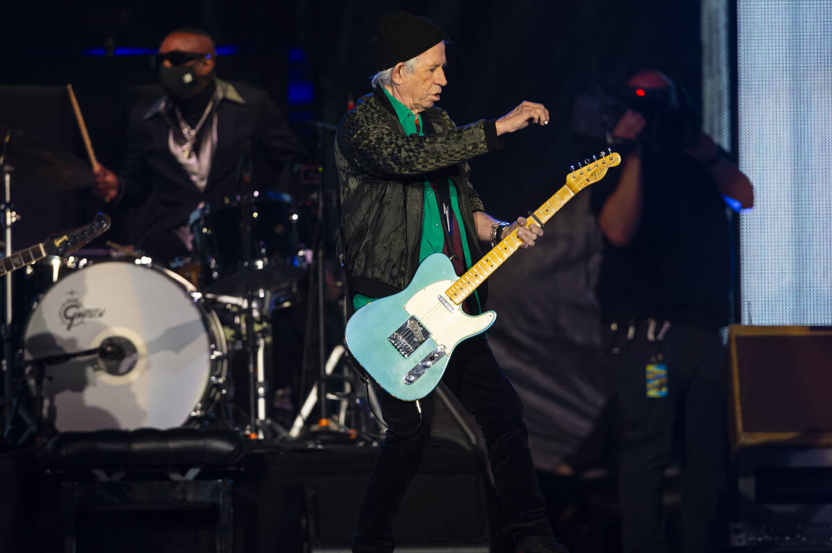Keith Richards of The Rolling Stones performs at Allegiant Stadium in Las Vegas on Saturday, No ...