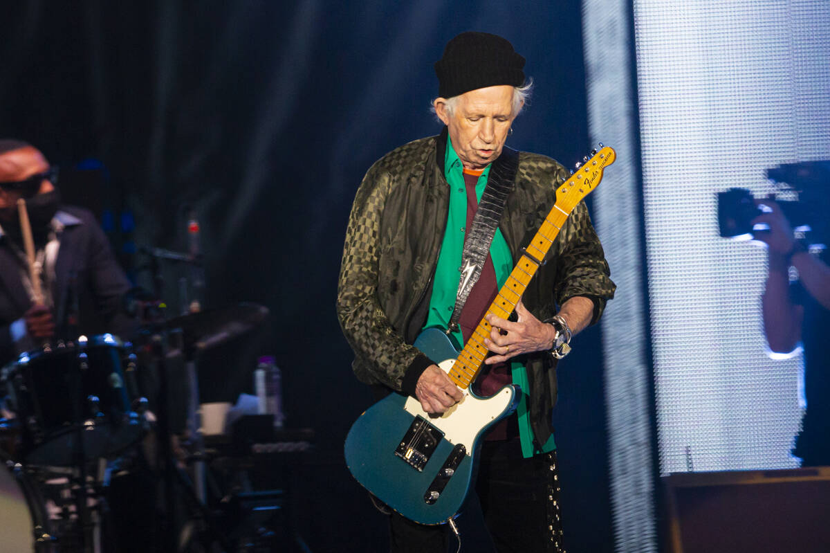 Keith Richards of The Rolling Stones performs at Allegiant Stadium in Las Vegas on Saturday, No ...