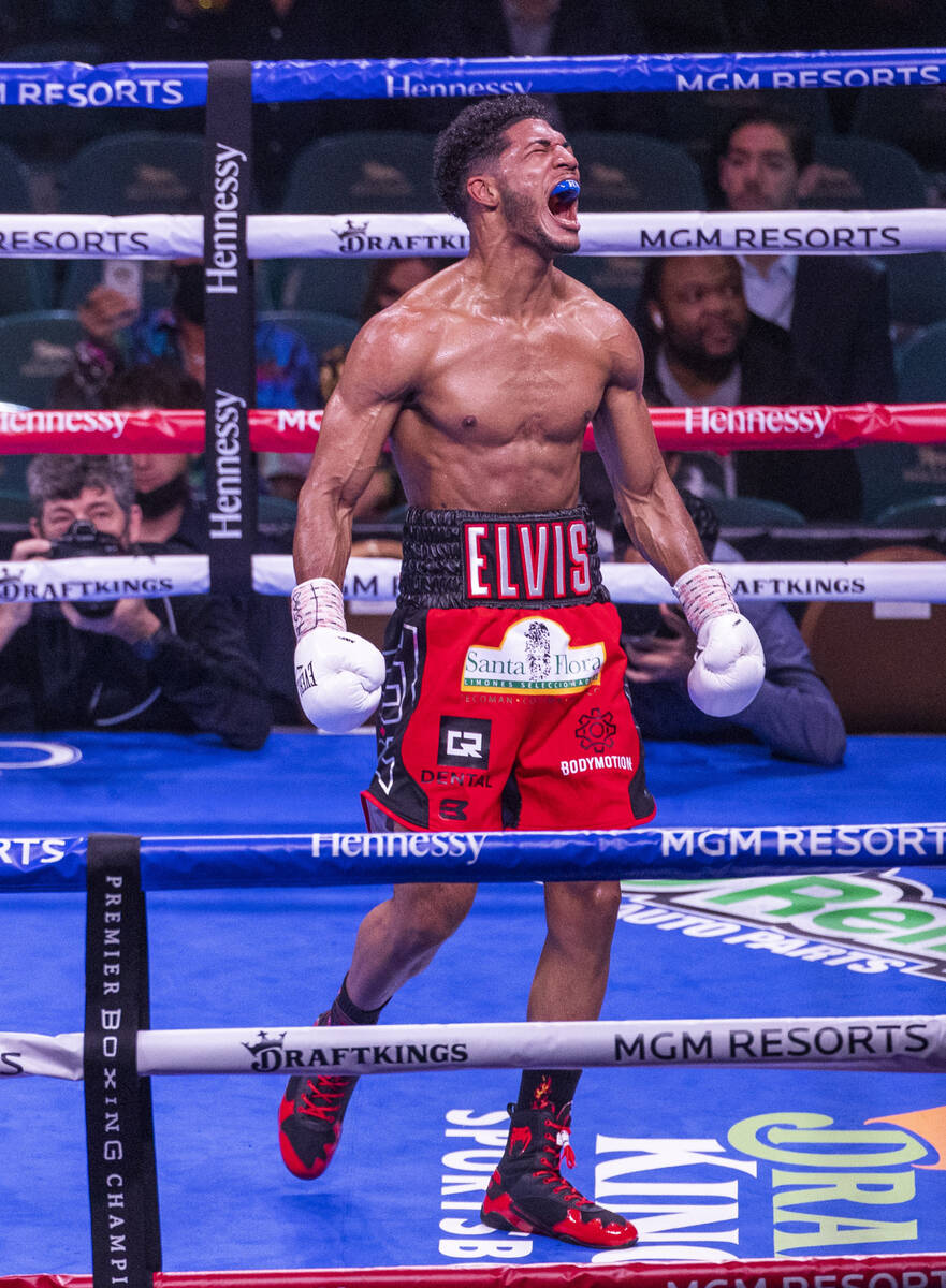 Elvis Rodriguez celebrates his knock out of Juan Pablo Romero in the fifth round during their s ...