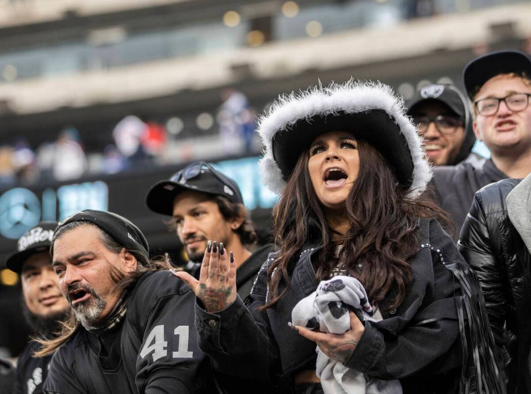 Raiders fans during an NFL football game against the New York Giants on Sunday, Nov. 7, 2021, a ...