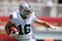 Las Vegas Raiders wide receiver Dillon Stoner (16) runs against the San Francisco 49ers during ...