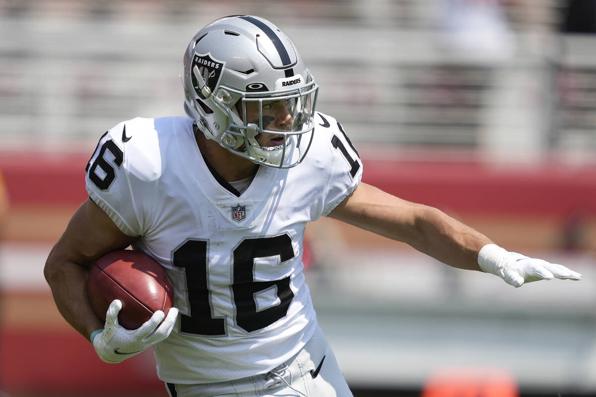 Las Vegas Raiders wide receiver Dillon Stoner (16) runs against the San Francisco 49ers during ...