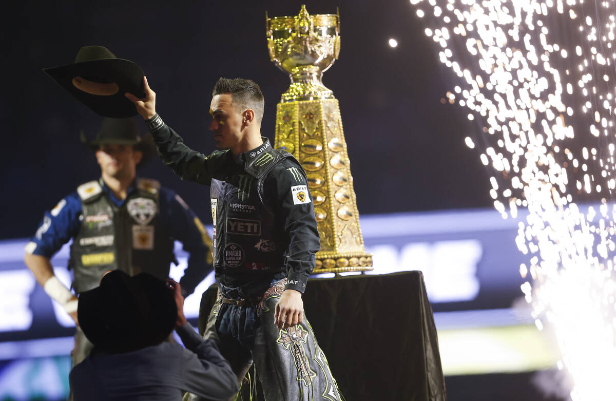 Jose Vitor Leme is introduced during the Professional Bull Riders World Finals at T-Mobile Aren ...