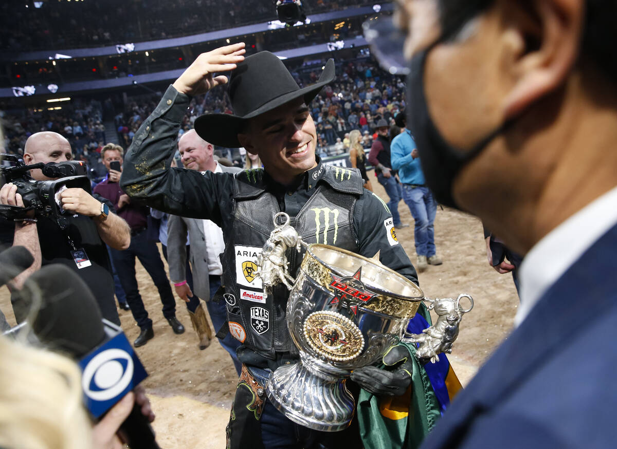 Jose Vitor Leme celebrates after becoming the back-to-back PBR World Champion during the Profes ...