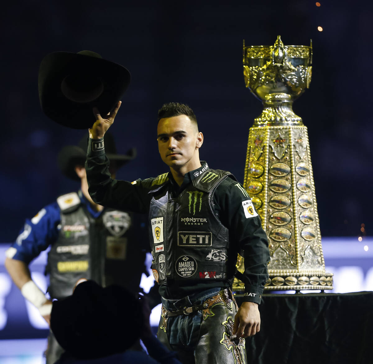 Jose Vitor Leme is introduced during the Professional Bull Riders World Finals at T-Mobile Aren ...