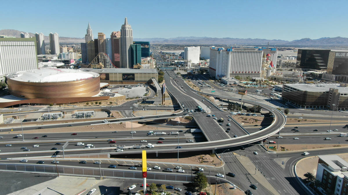 An aerial view of the interchange at Tropicana Avenue and Interstate 15 in Las Vegas, Nevada Tu ...