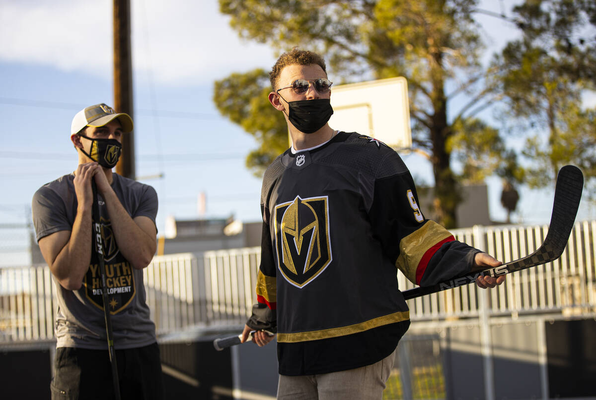Newly acquired Golden Knights center Jack Eichel arrives for a youth hockey clinic at the James ...