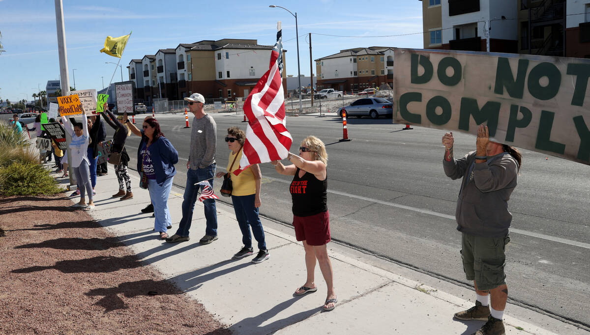 Protesters at Southern Nevada Health District in Las Vegas Wednesday, Nov. 10, 2021, as SNHD st ...