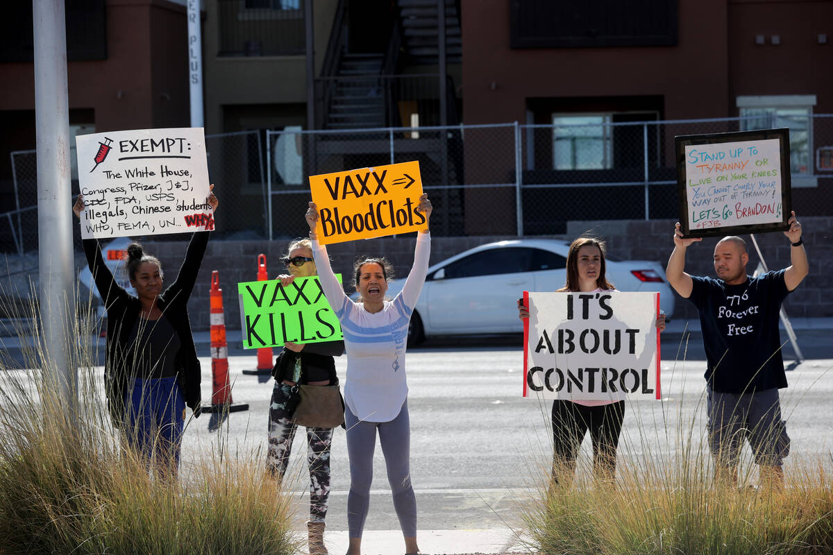 Protesters at Southern Nevada Health District in Las Vegas Wednesday, Nov. 10, 2021, as SNHD st ...