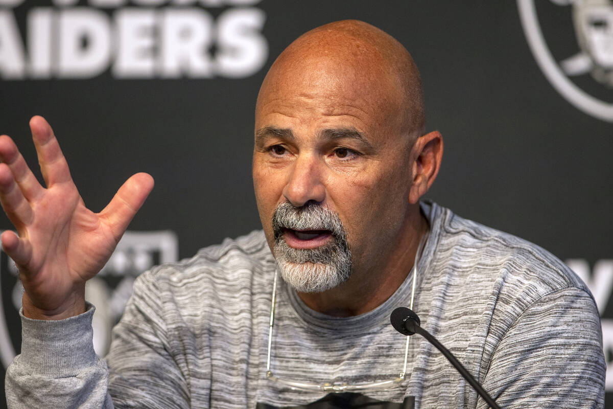 Raiders interim head coach Rich Bisaccia answers questions during a news conference at Raiders ...
