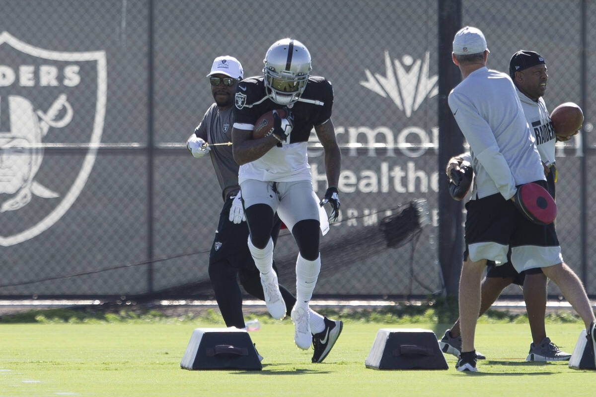 Las Vegas Raiders wide receiver DeSean Jackson (1) runs through a drill during a practice sessi ...