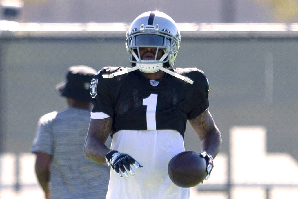 Raiders wide receiver DeSean Jackson (1) runs on the field during a practice session at Raiders ...
