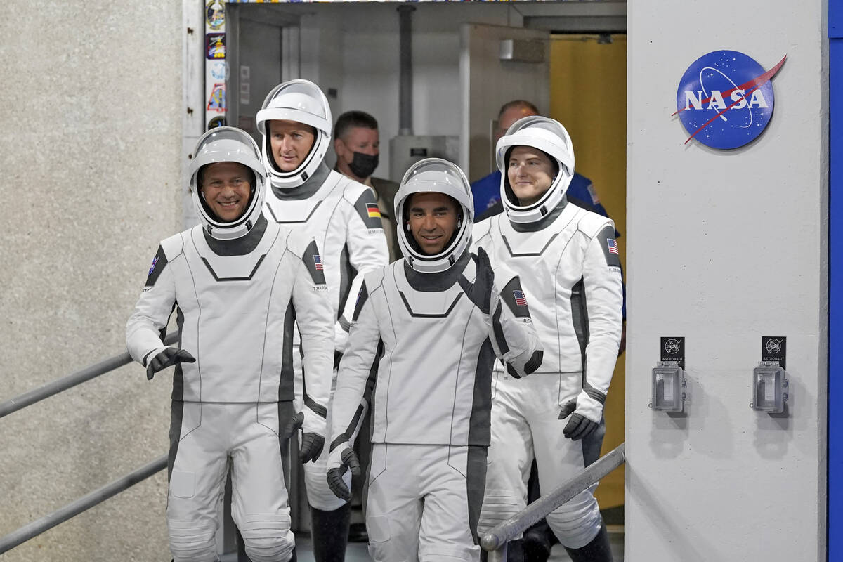 Astronauts, from left, Tom Marshburn, Matthias Maurer, of Germany, Raja Chari and Kayla Barron ...