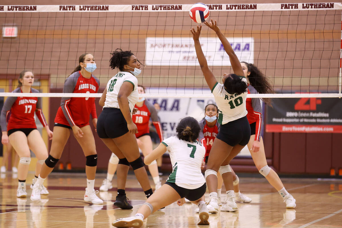 Rancho's Leah Miller (10) with teammate D'Ahjanae Hayes (18), and Jan Marie Duhaylungsod (7) sa ...