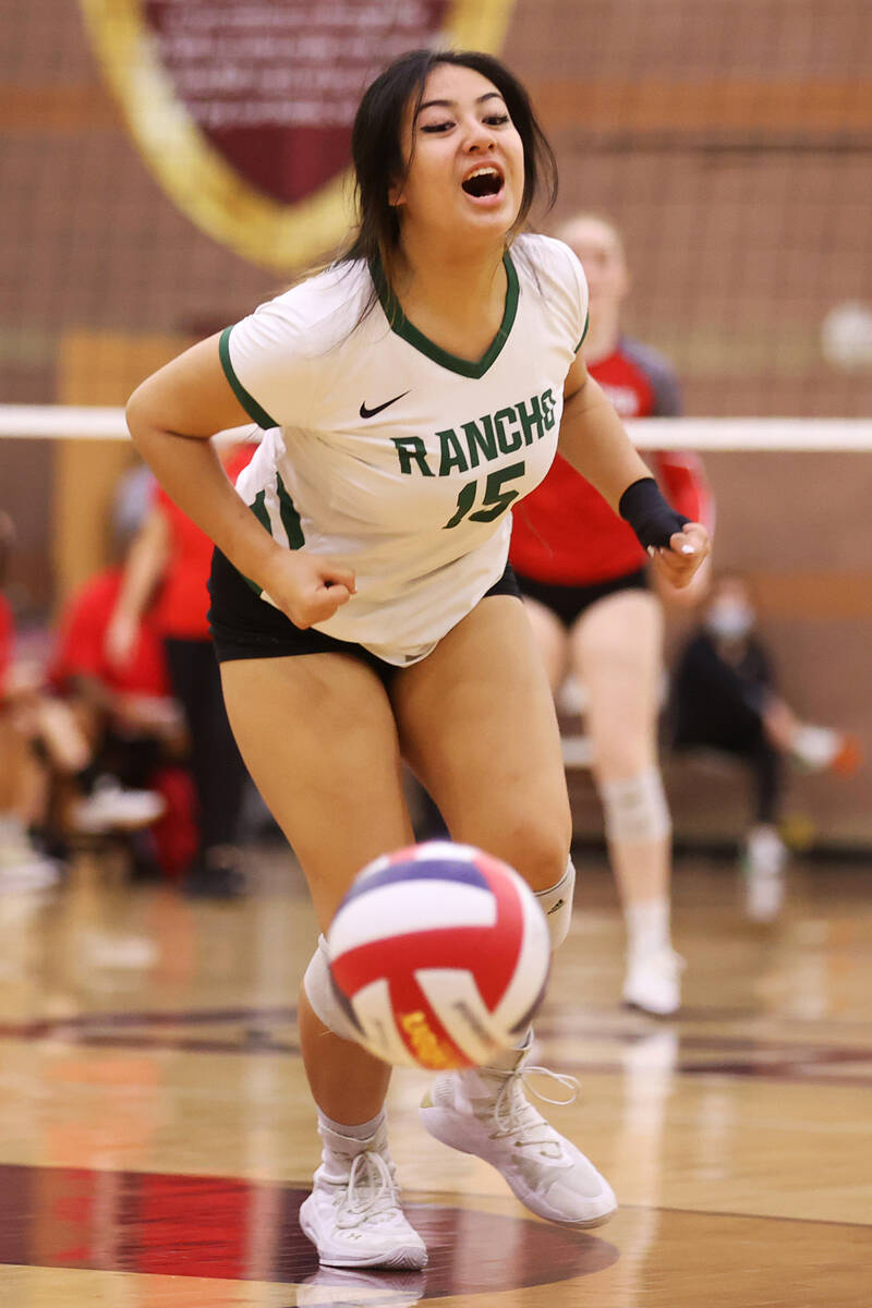 Rancho's Ava Robles (15) reacts after missing the ball for an Arbor View point during the Class ...