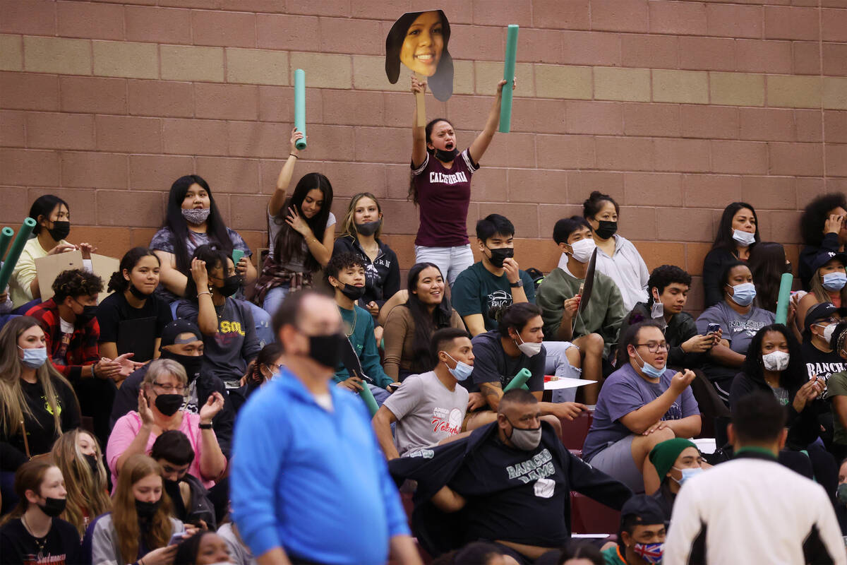 Fans cheer during the Class 4A state girl's volleyball semifinals game between Rancho and Arbor ...