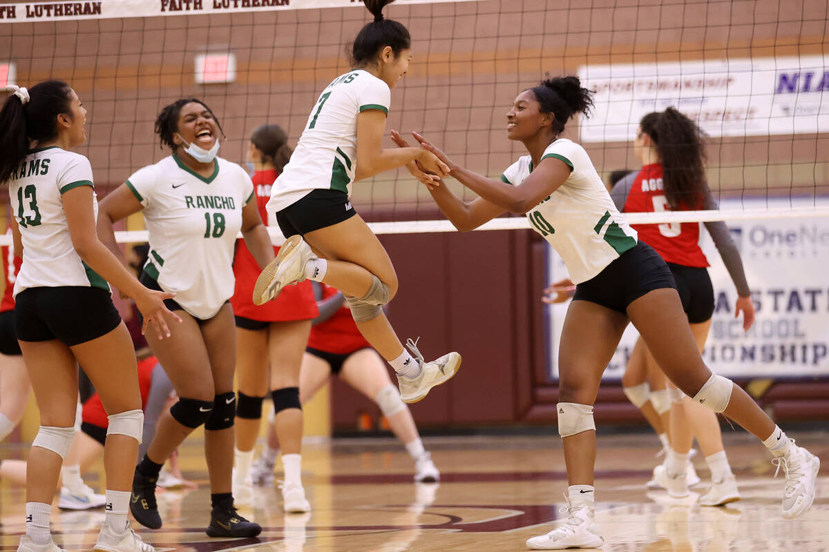 Rancho's Jan Marie Duhaylungsod (7) celebrates a point with teammate Leah Miller (10) against A ...