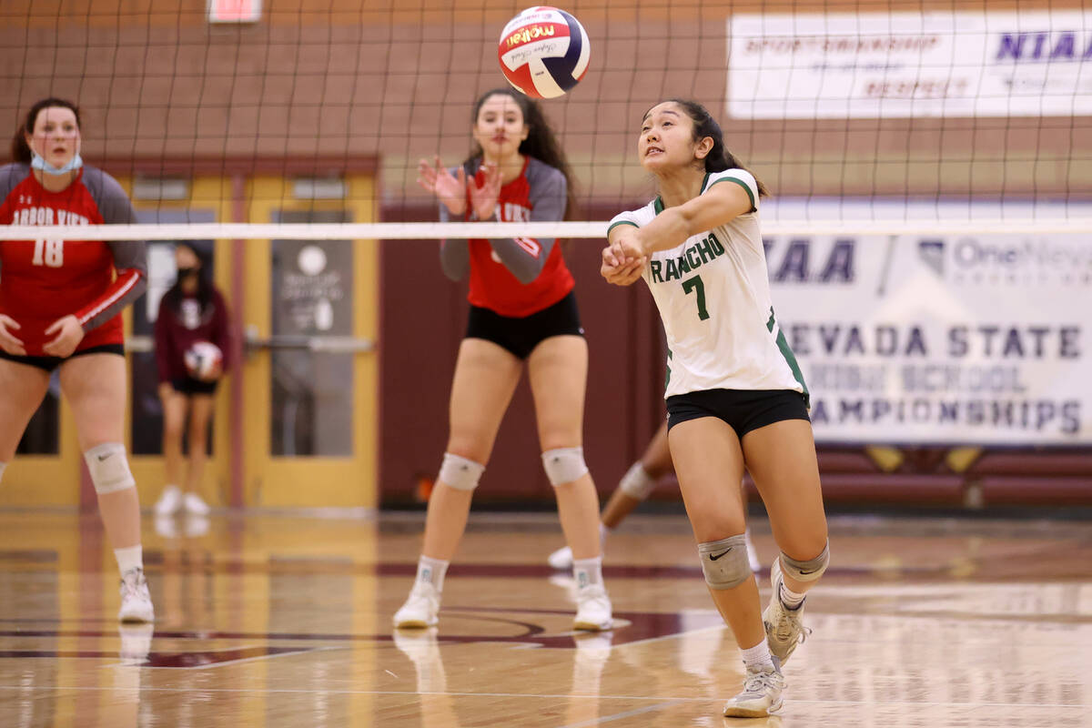 Rancho's Jan Marie Duhaylungsod (7) saves the ball against Arbor View during the Class 4A state ...