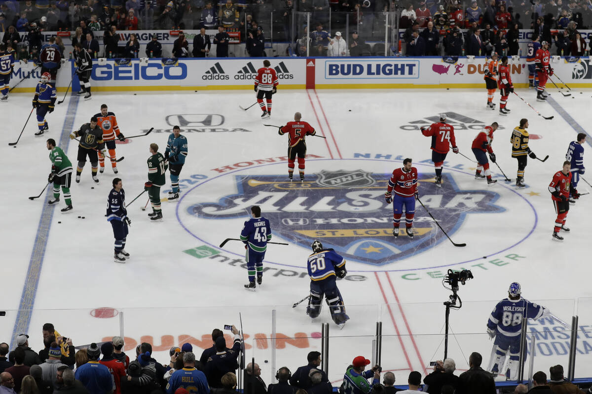 Players warm up before the Skills Competition, part of the NHL All-Star weekend, Friday, Jan. 2 ...
