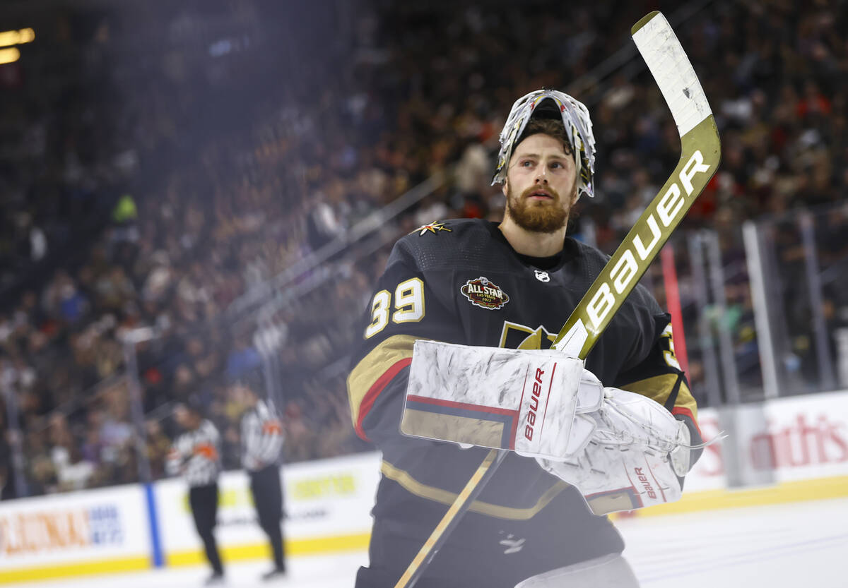 Golden Knights goaltender Laurent Brossoit (39) looks on after a break during the second period ...