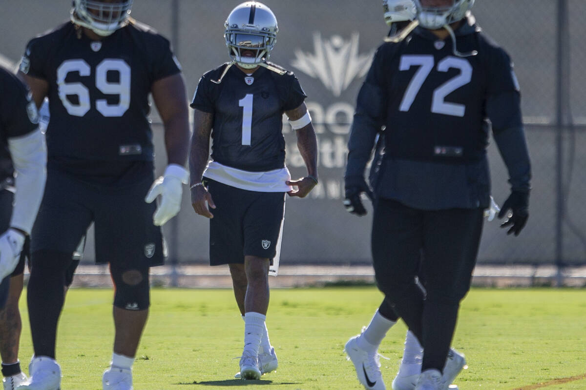 Raiders wide receiver DeSean Jackson (1) walks on the field during a practice session at Raider ...