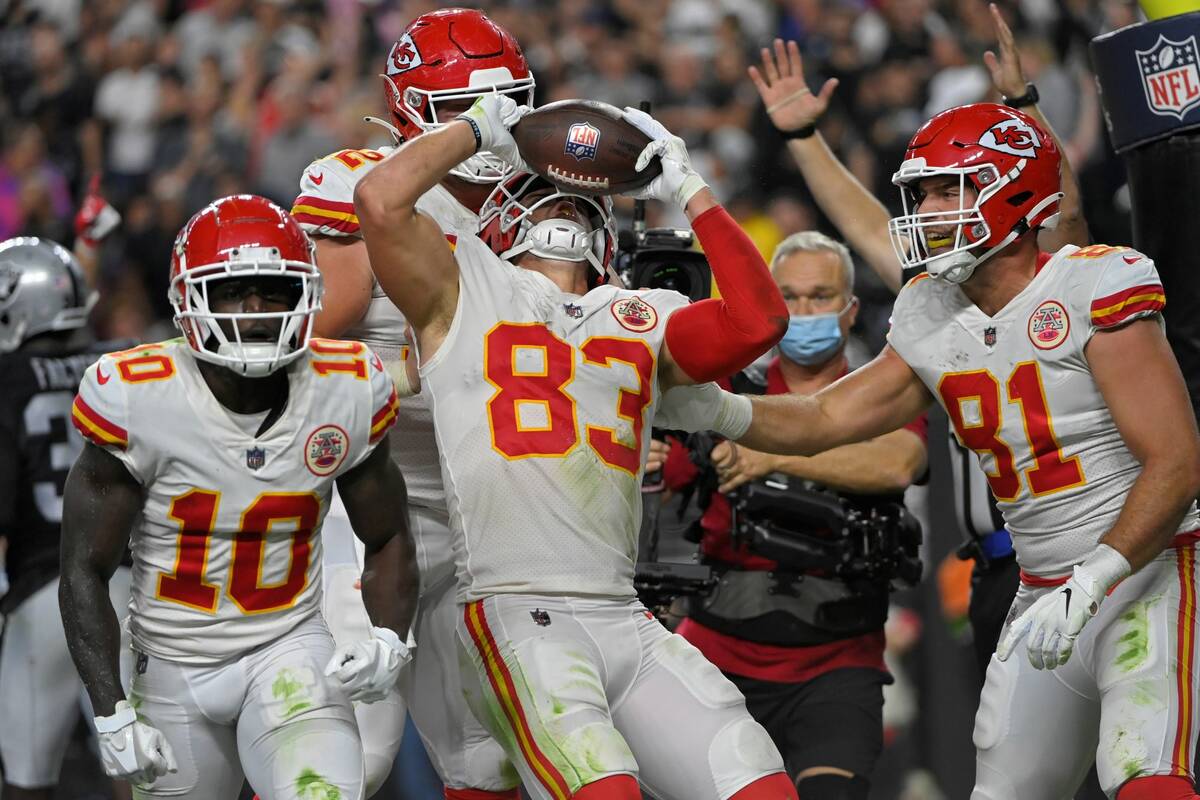 Kansas City Chiefs tight end Noah Gray (83) celebrates after scoring a  touchdown against the La …