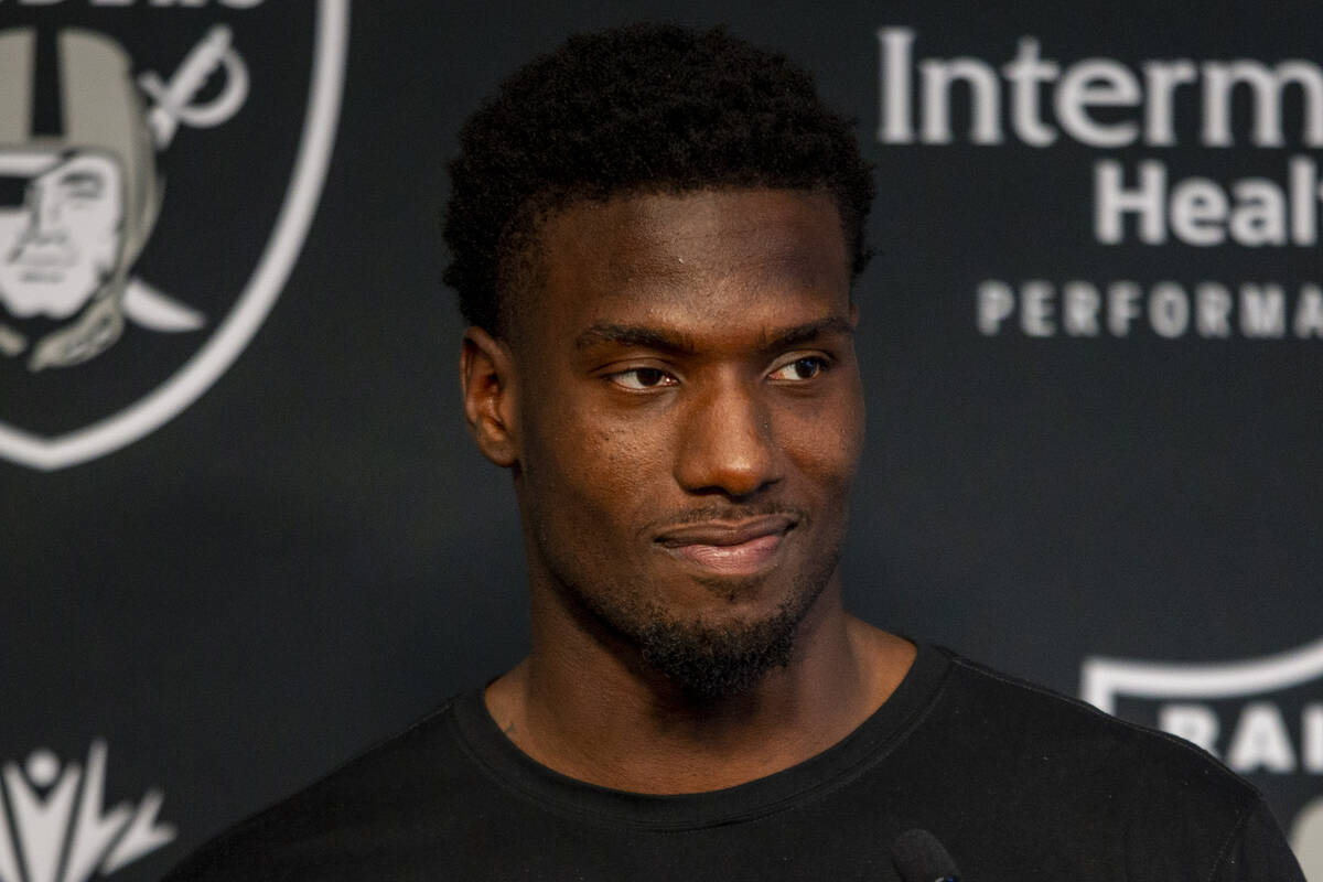 Raiders wide receiver Bryan Edwards answers questions during a news conference at the Raiders H ...