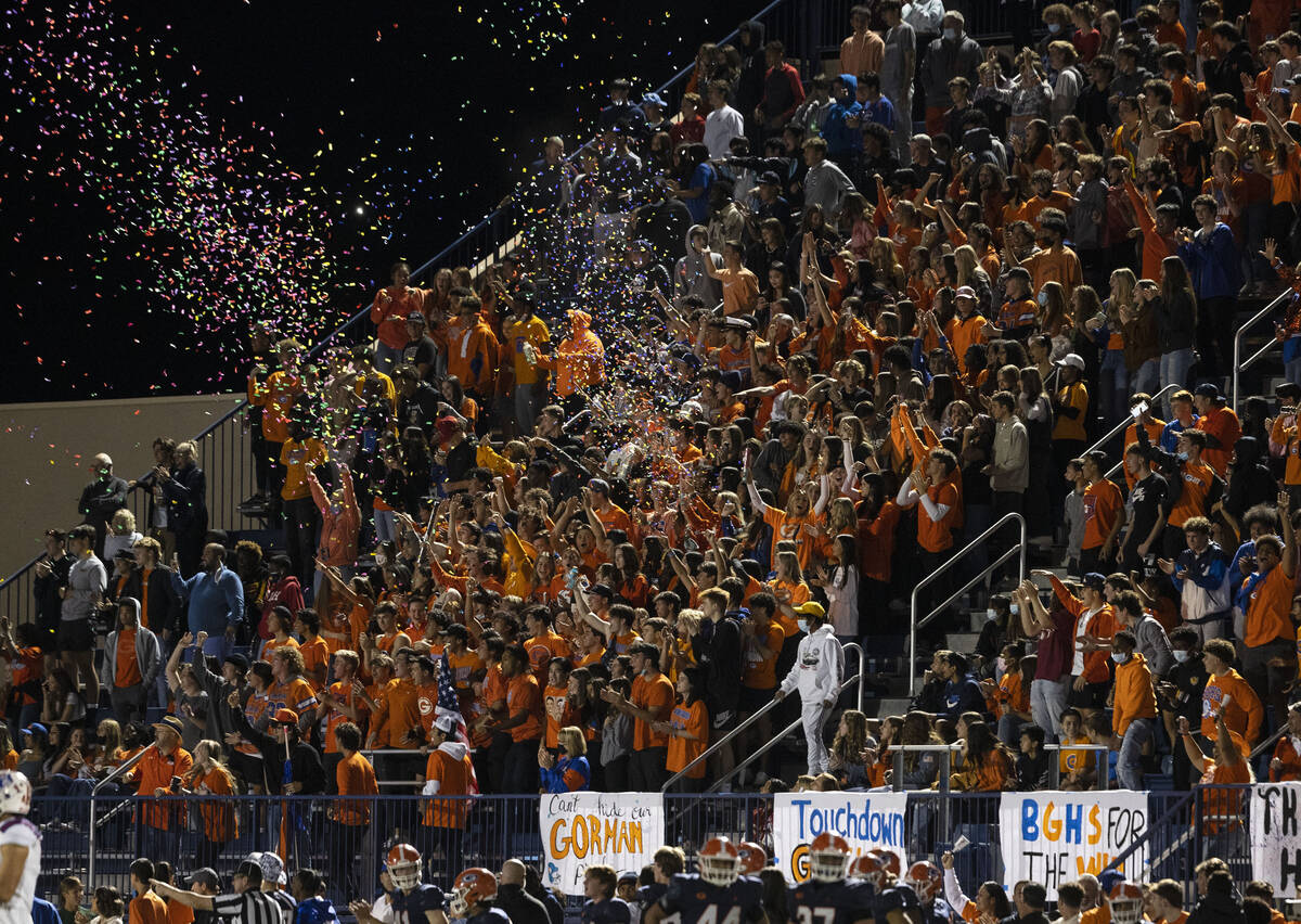 Bishop Gorman fans celebrate after their team won against Liberty High during a Class 5A state ...