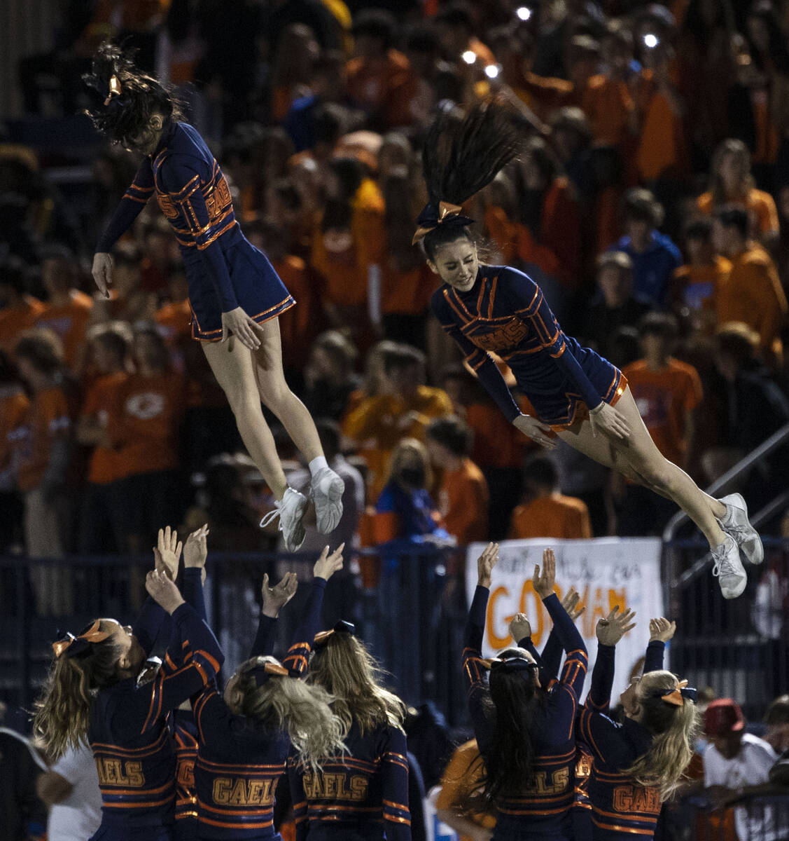 Bishop Gorman cheerleaders perform during a Class 5A state semifinal football game between Bish ...