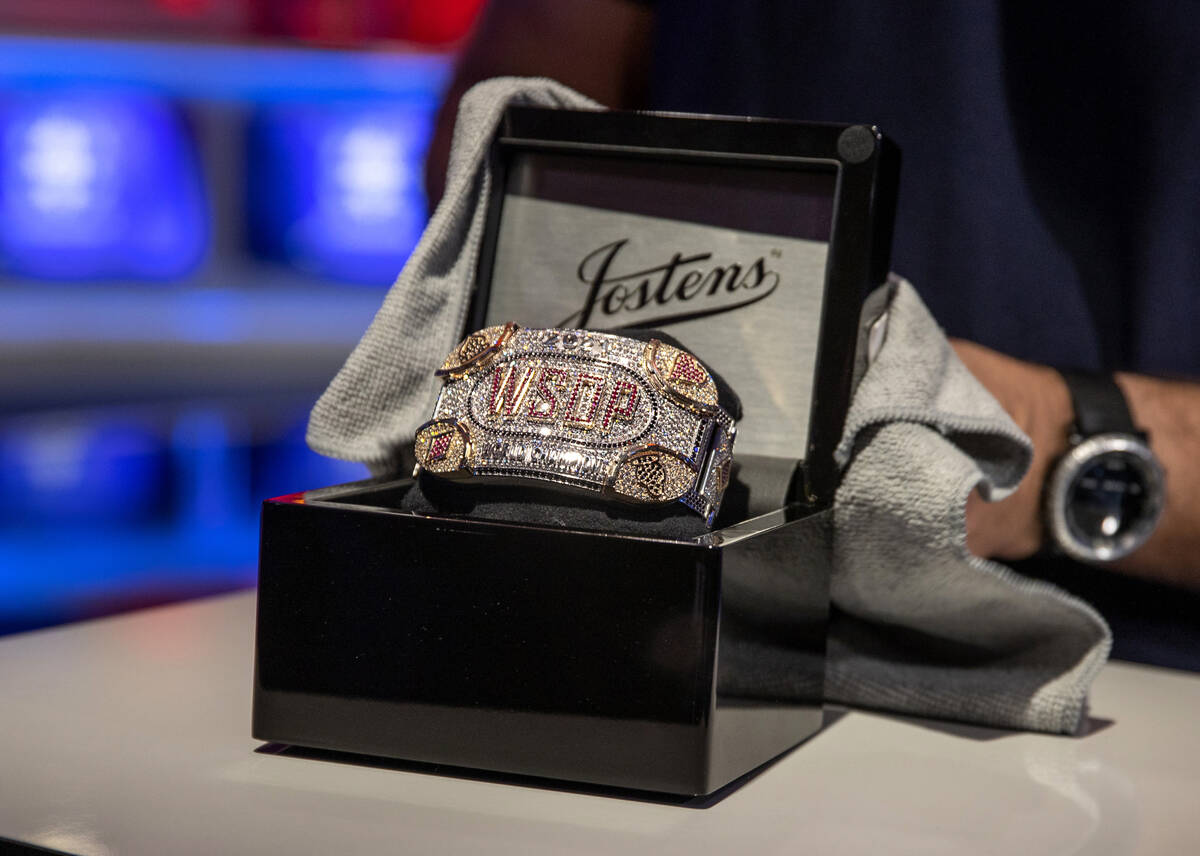 The winners bracelet on display as play begins at the final table for the $10,000 buy-in Main E ...