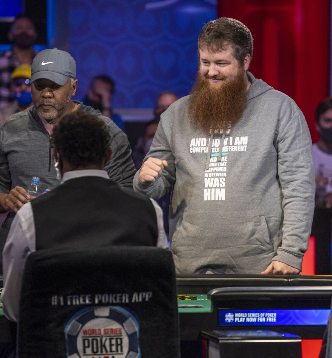 Chase Bianchi, right, has hopes he will survive the bet at the final table for the $10,000 buy- ...