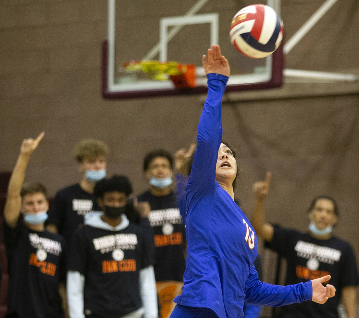 Bishop Gorman's Tatum Thompson (13) serves to Centennial during the Class 5A state volleyball c ...