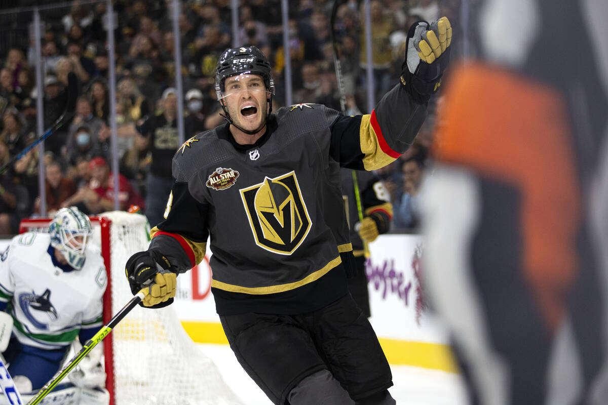 Golden Knights defenseman Brayden McNabb (3) reacts to a refereeճ call during the first p ...