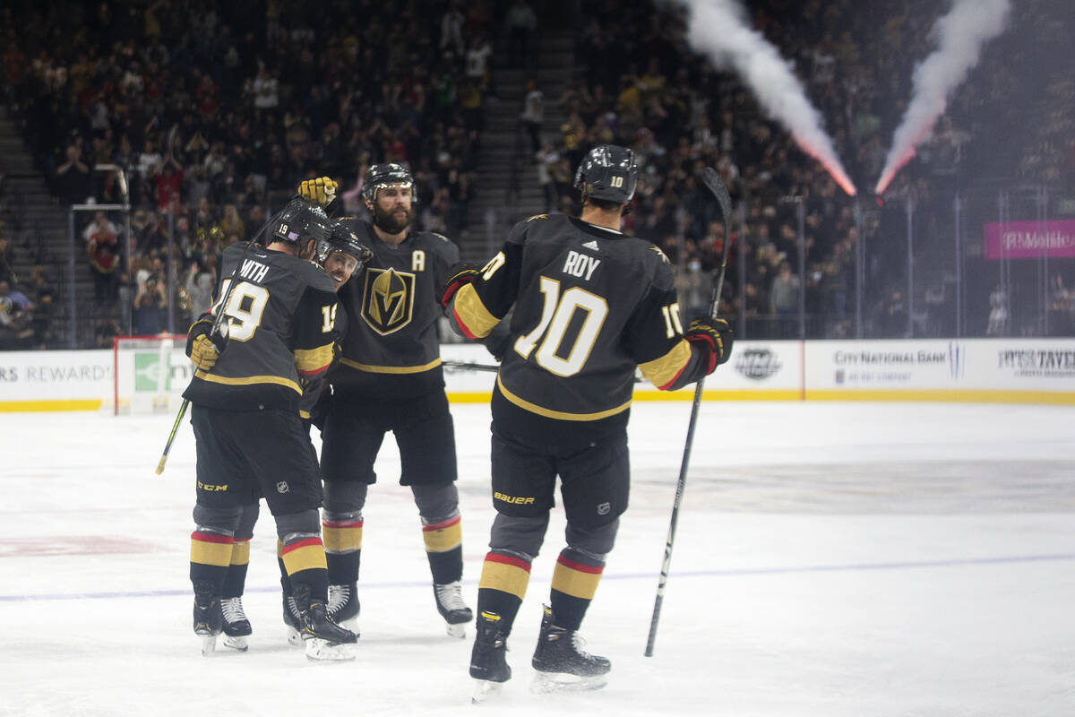 Golden Knights right wing Reilly Smith (19), defenseman Alex Pietrangelo (7) and center Nicolas ...