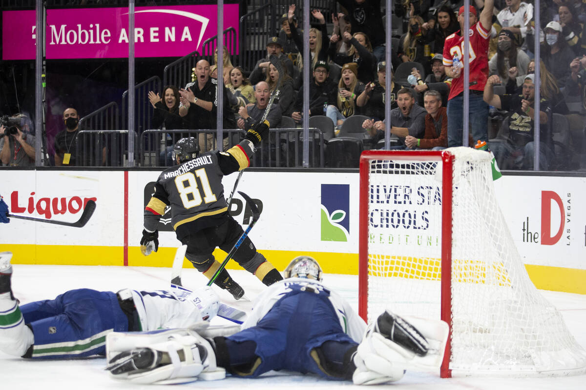 Golden Knights center Jonathan Marchessault (81) skates away after scoring his second goal of t ...