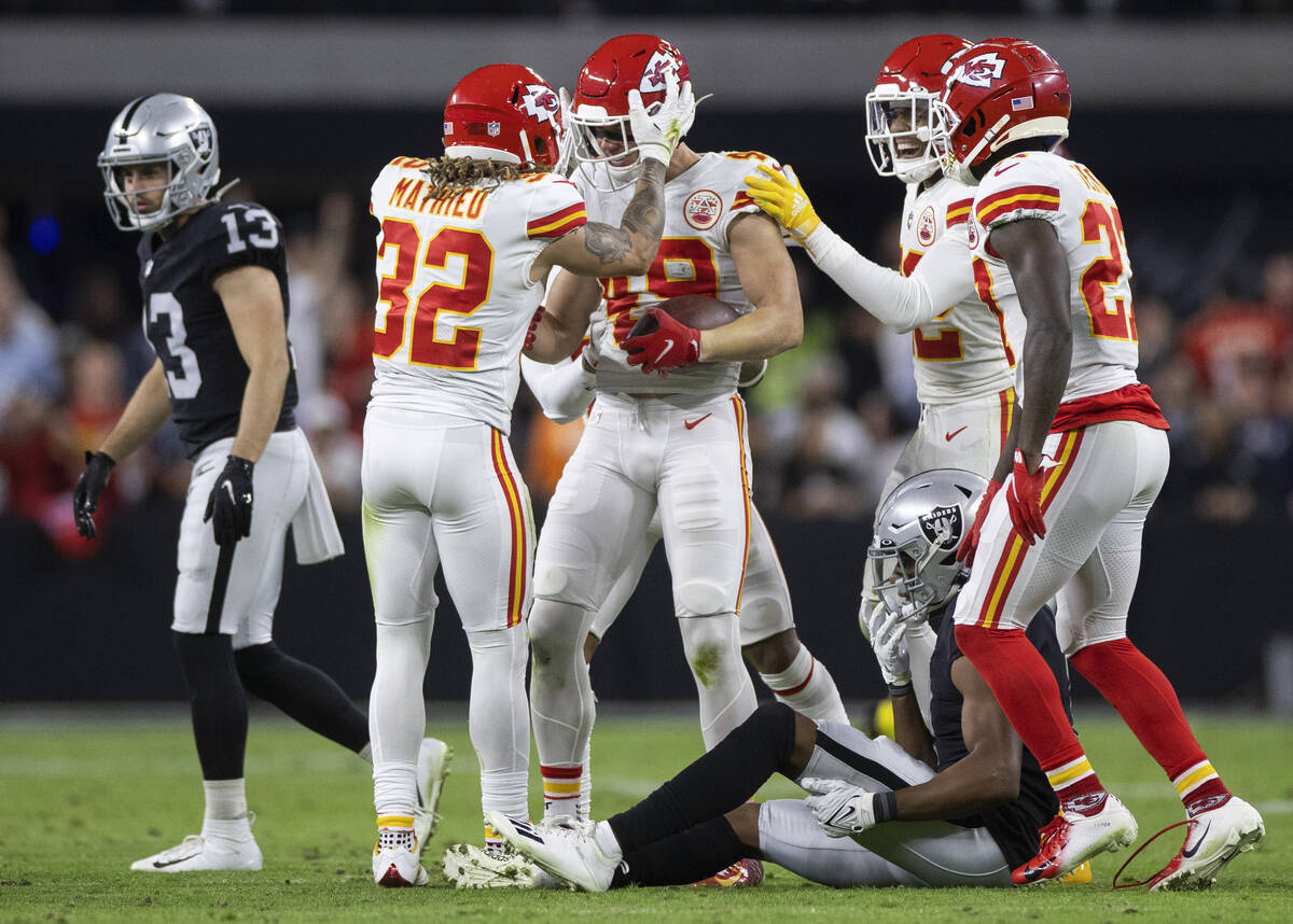 Kansas City Chiefs safety Daniel Sorensen (49) celebrates an interception with Kansas City Chie ...