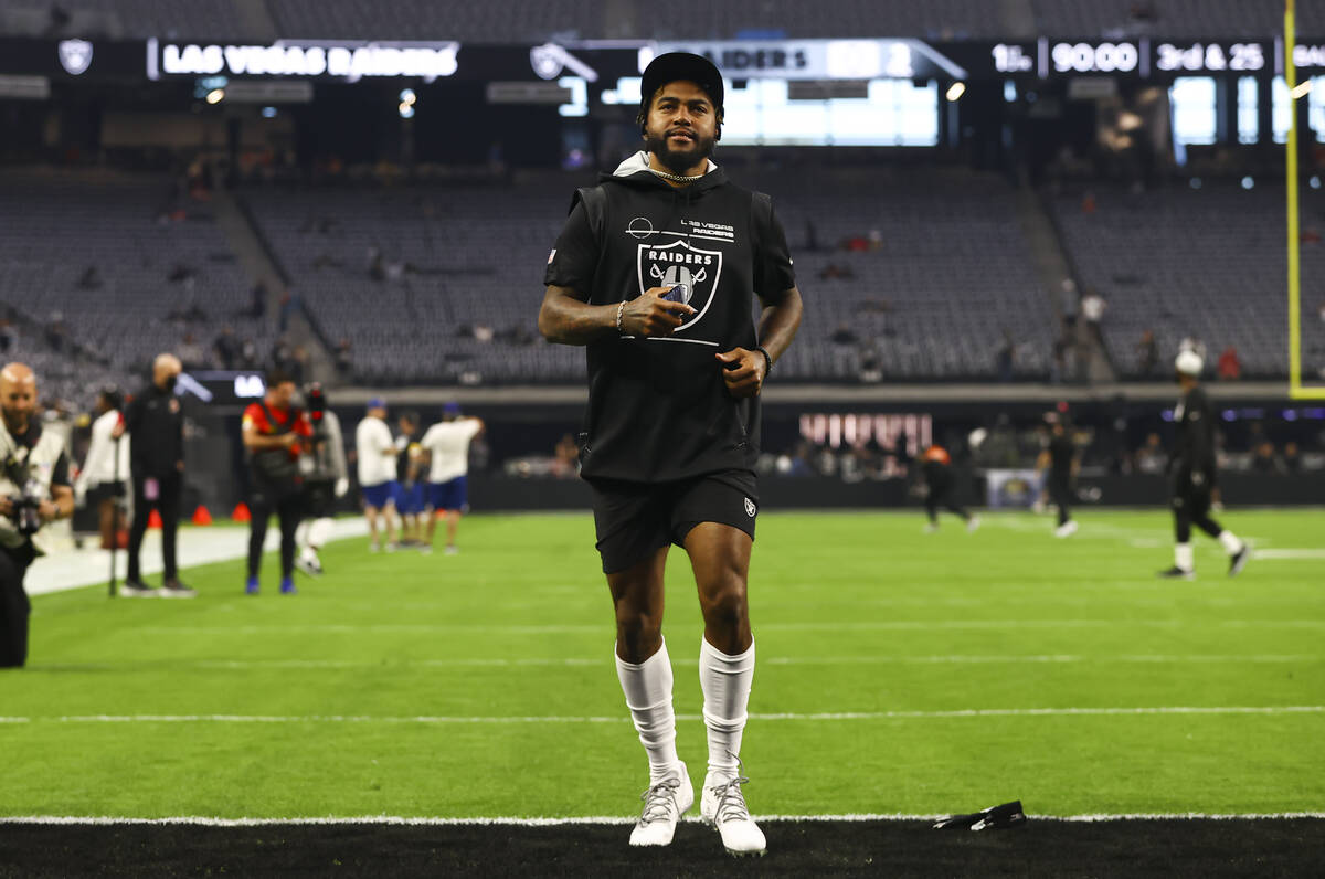 Las Vegas Raiders wide   receiver DeSean Jackson warms up   earlier  the commencement  of an NFL crippled  against ...