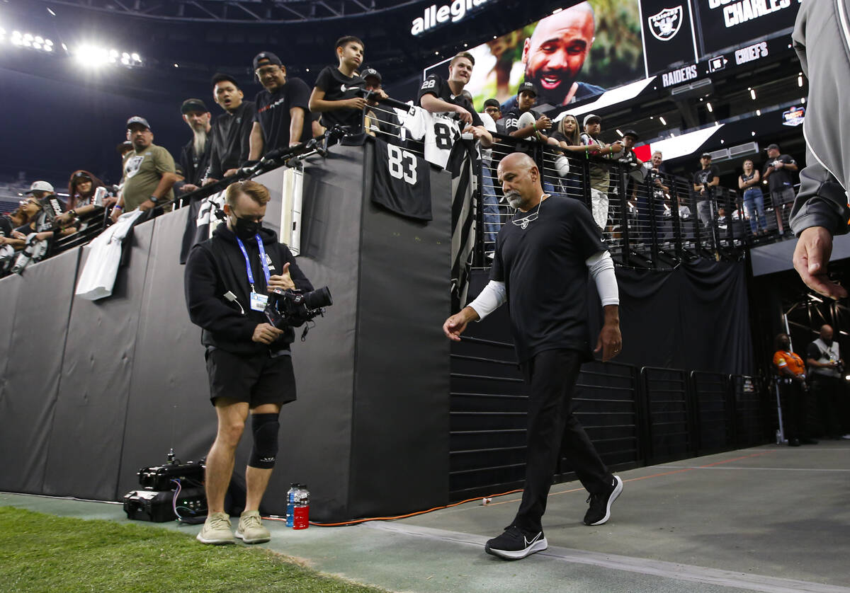 Raiders interim caput  manager  Rich Bisaccia walks onto the tract  earlier  the commencement  of an NFL crippled  a ...