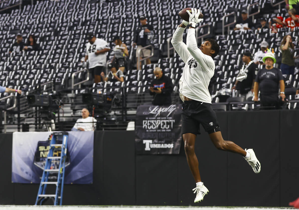 Las Vegas Raiders wide   receiver Zay Jones warms up   earlier  the commencement  of an NFL crippled  against the ...