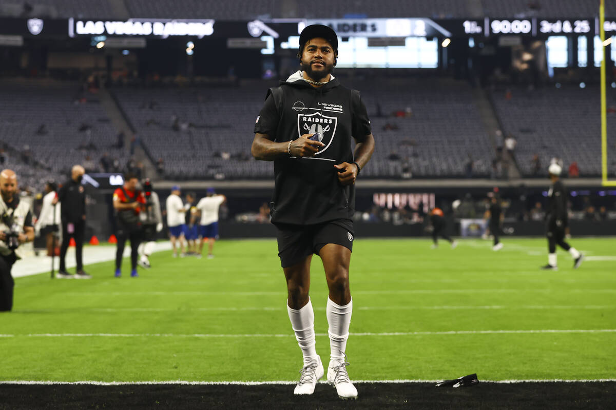 Las Vegas Raiders wide   receiver DeSean Jackson warms up   earlier  the commencement  of an NFL crippled  against ...