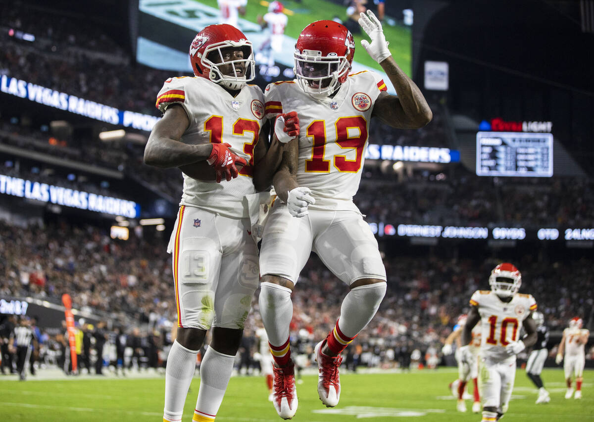 Kansas City Chiefs wide receiver Byron Pringle (13) celebrates after making a touchdown recepti ...