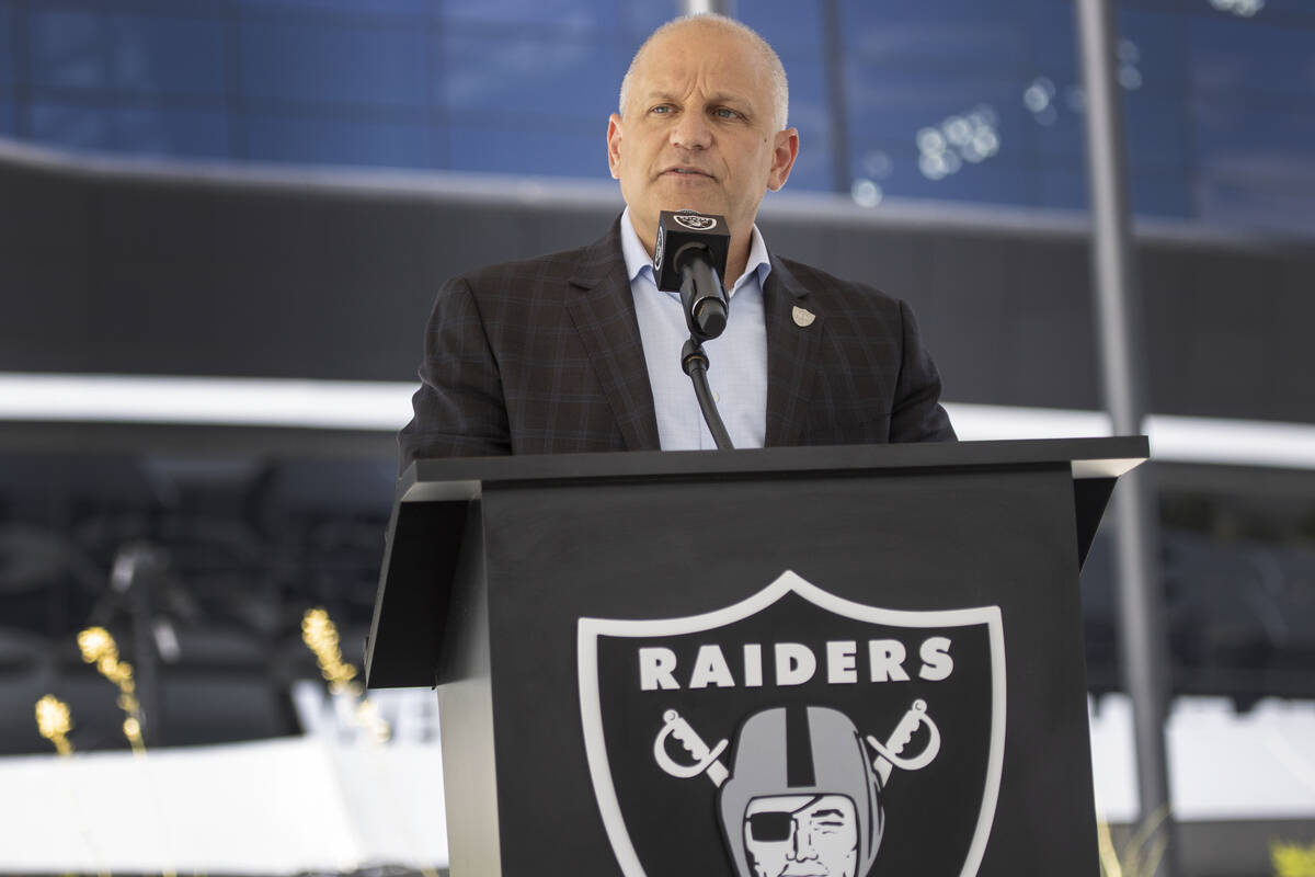 Las Vegas Raiders President Marc Badain speaks during a press conference on the parking and tra ...