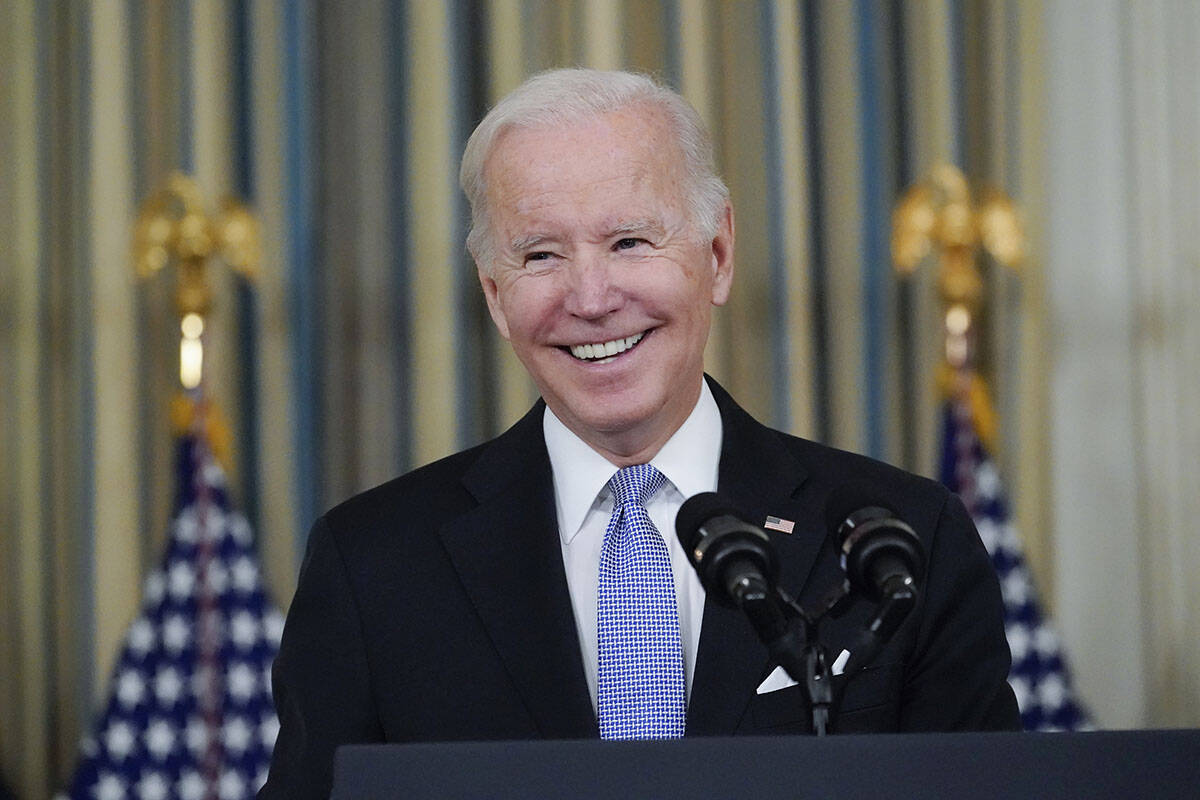 President Joe Biden speaks about the bipartisan infrastructure bill in the State Dinning Room o ...